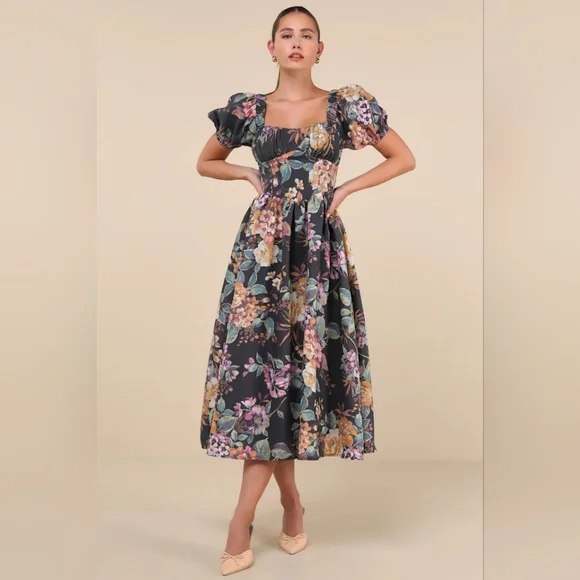 Lulus Adorable Tendencies Dark Grey Floral Puff Sleeve Midi Dress XXL Wedding - Picture 2 of 10